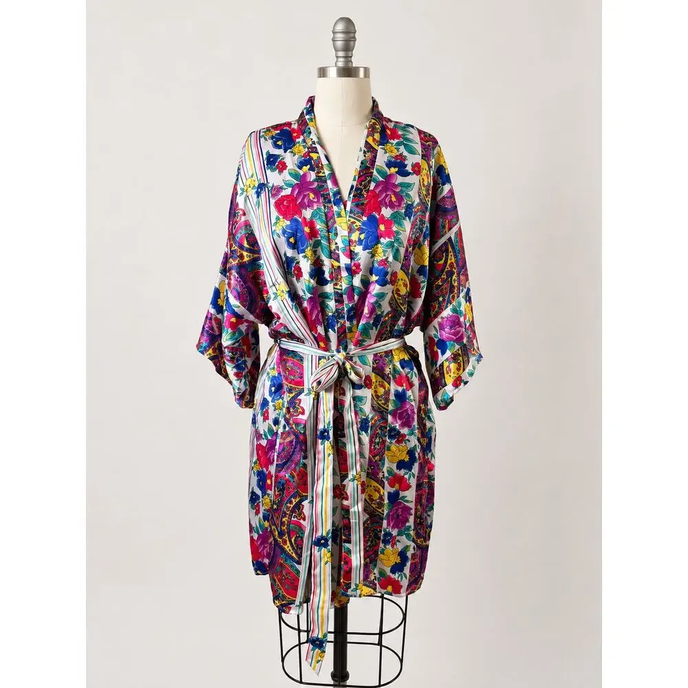 Secret Treasures Satin Robe Nightgown Set M L Floral Paisley Kimono Lingerie